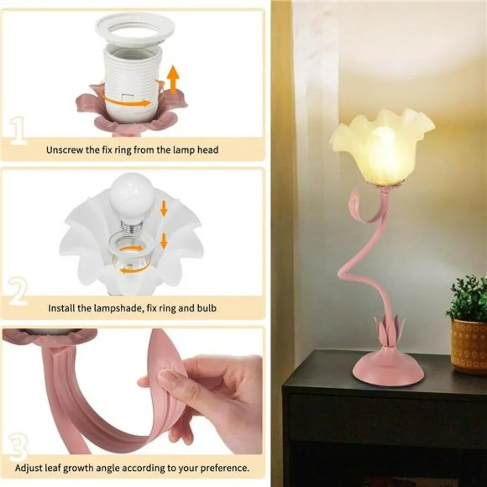 Pink Flower Desk Lamp LED Vintage Bedside Table Light for Bedroom Reading